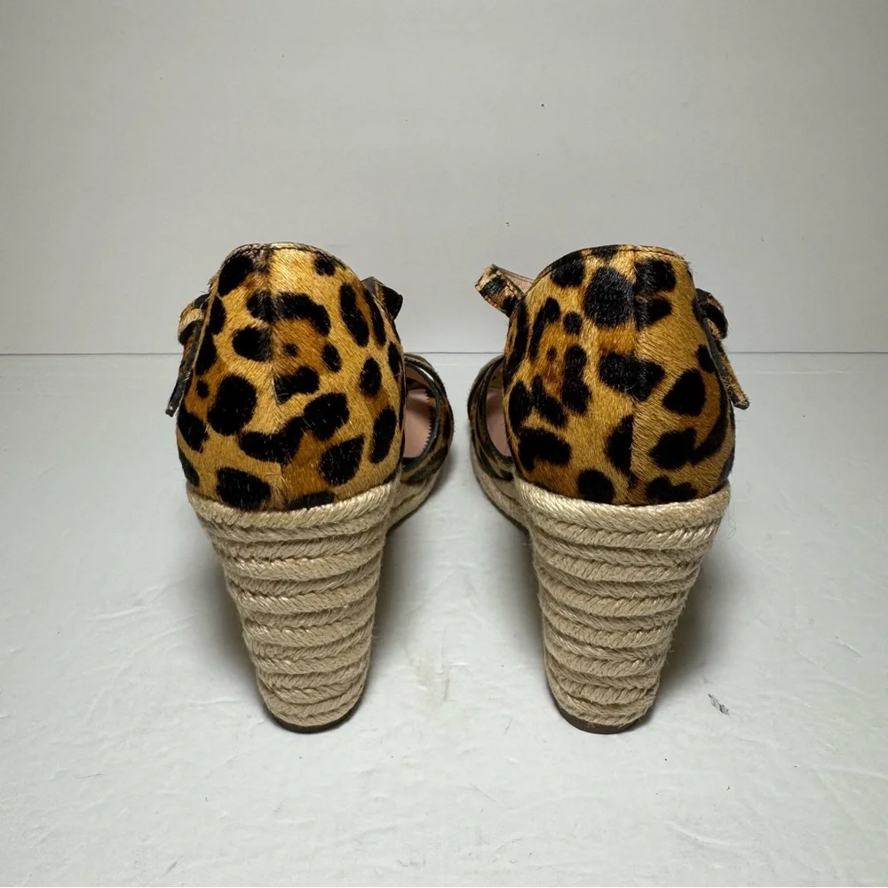New J. CREW Leopard Print Calf Hair Tan Black Wedge Espadrille Sandals Size 9.5